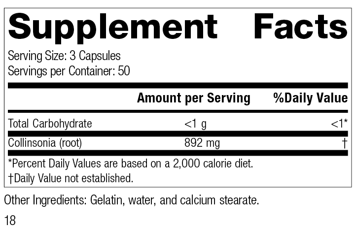 Collinsonia Root, 150 Capsules, Rev 18 Supplement Facts