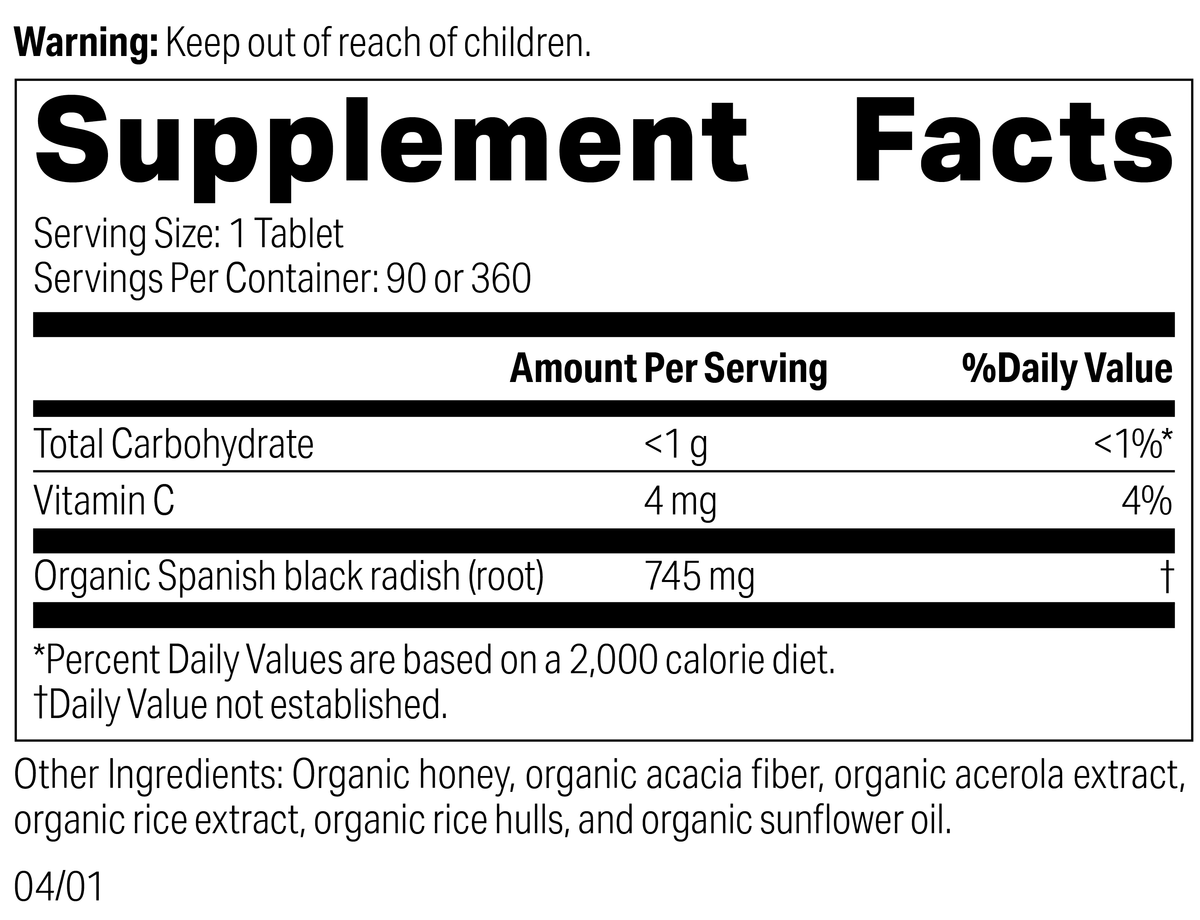 Spanish Black Radish, 20 Tablets, Rev 04 Supplement Label