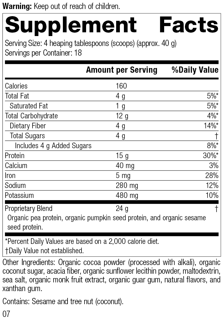 Veg-E Complete Pro™ Chocolate, 26 Ounces, Rev 07 Supplement Facts