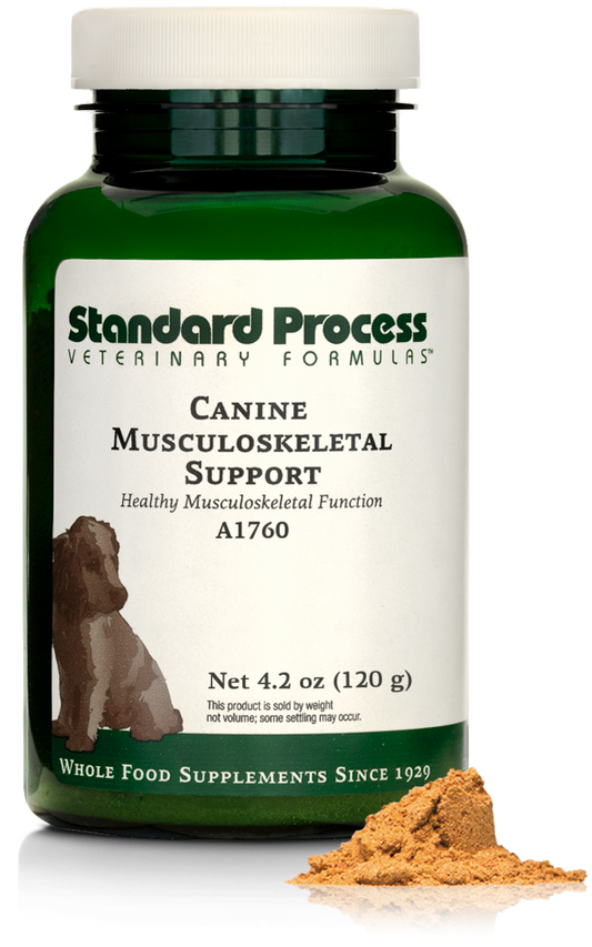 A bottle of Canine Musculoskeletal Support, a powder supplement for dogs’ muscles, ligaments and bone health, next to an image of the powder supplement.